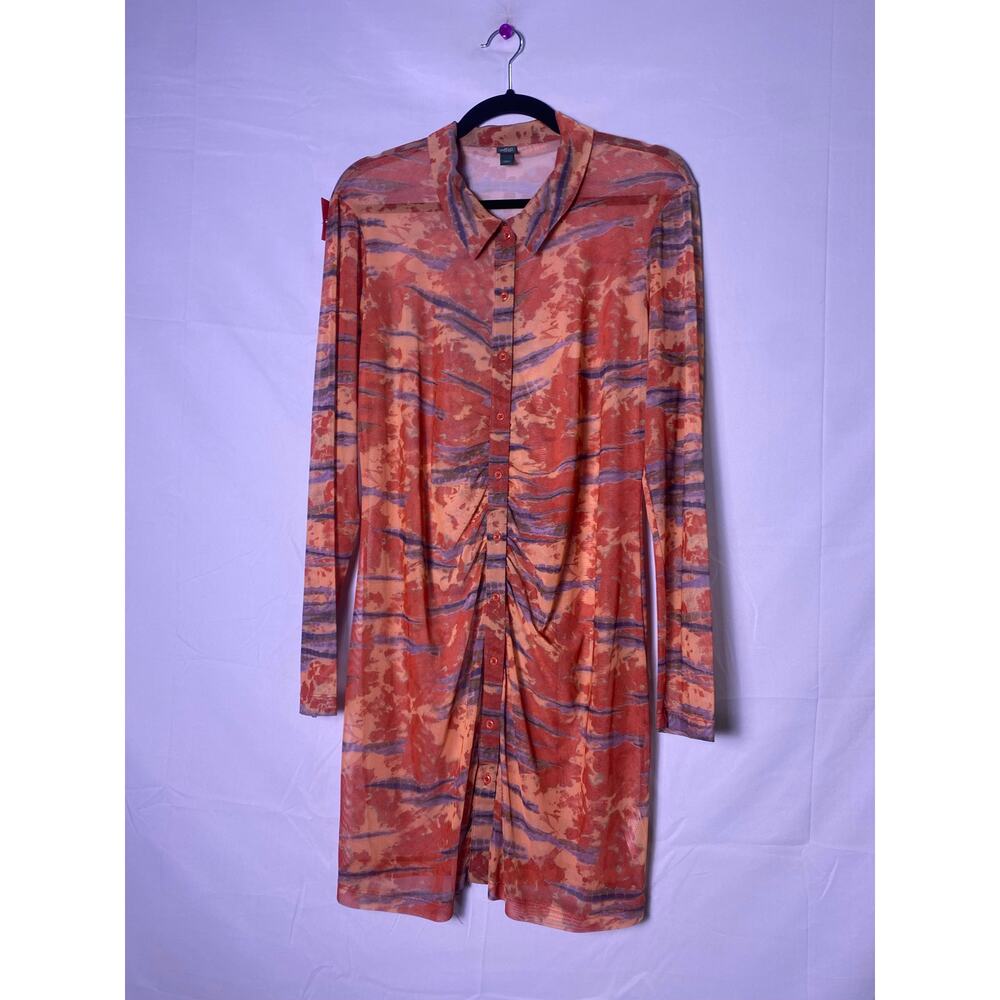 Wild Fable Orange Tie Dye Mesh Button-Down Dress Long Sleeve Size Large